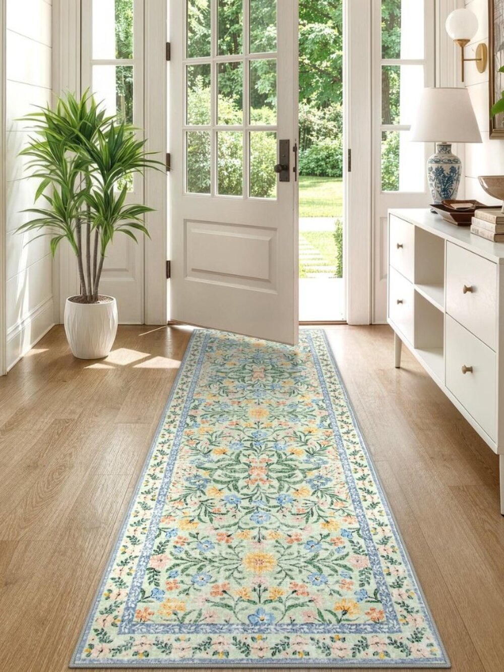 Washable Kitchen Runner Rug 2x6, Green Boho Floral Runners for Hallways, Soft